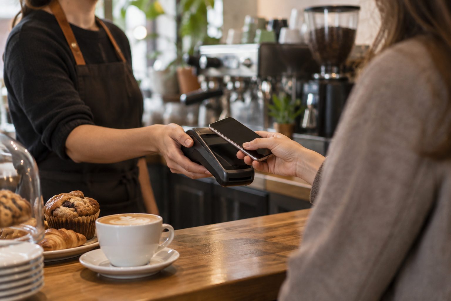 A cafe counter taking payment with Shoppi Pay